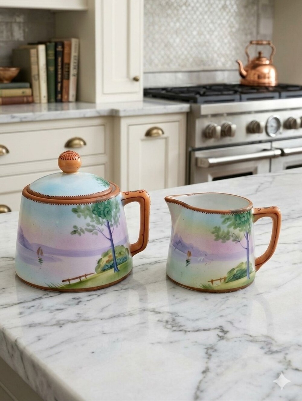 Antique Nippon Hand-Painted Porcelain Sugar Bowl & Creamer Set - Lake Scene